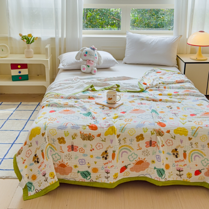 91家纺网 家纺一手货源 找家纺 乐家毛巾被（工厂自产自销） 2026新款全棉纯棉六层一体超柔泡泡纱多功能毯 涂鸦