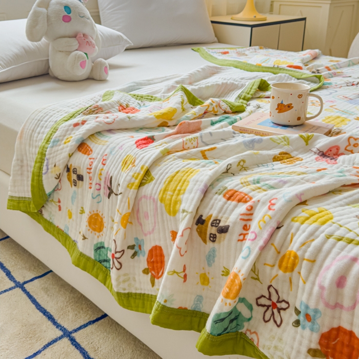 91家纺网 家纺一手货源 找家纺 乐家毛巾被（工厂自产自销） 2026新款全棉纯棉六层一体超柔泡泡纱多功能毯 涂鸦