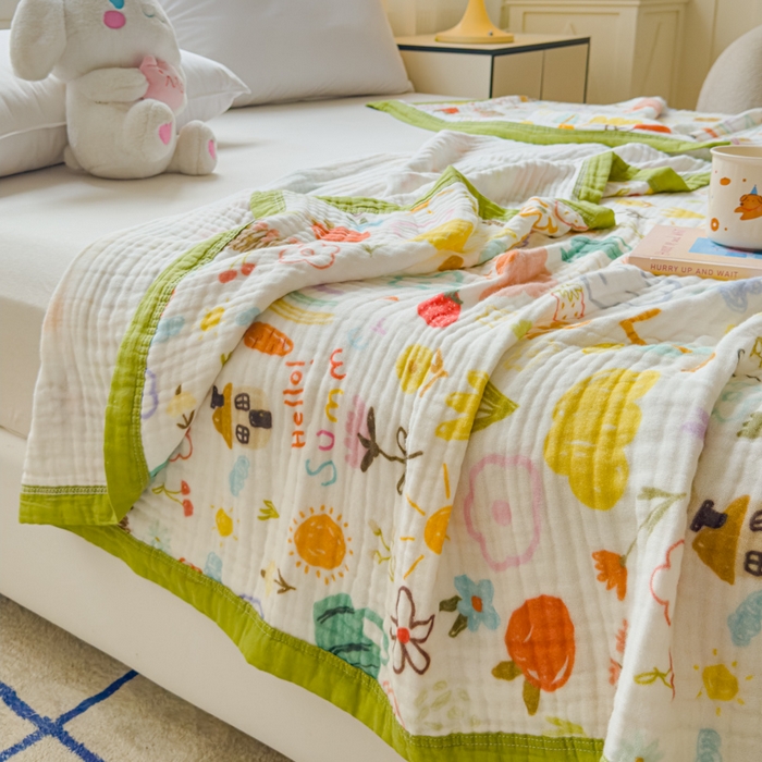 91家纺网 家纺一手货源 找家纺 乐家毛巾被（工厂自产自销） 2026新款全棉纯棉六层一体超柔泡泡纱多功能毯 涂鸦