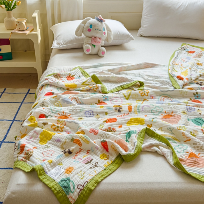 91家纺网 家纺一手货源 找家纺 乐家毛巾被（工厂自产自销） 2026新款全棉纯棉六层一体超柔泡泡纱多功能毯 涂鸦