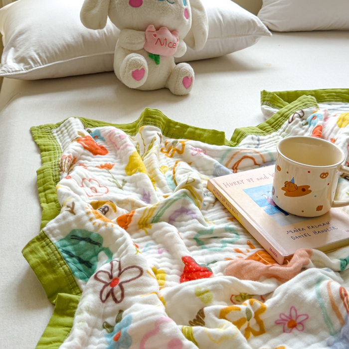 91家纺网 家纺一手货源 找家纺 乐家毛巾被（工厂自产自销） 2026新款全棉纯棉六层一体超柔泡泡纱多功能毯 涂鸦
