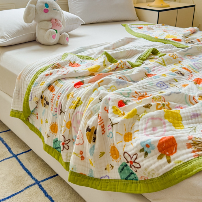 91家纺网 家纺一手货源 找家纺 乐家毛巾被（工厂自产自销） 2026新款全棉纯棉六层一体超柔泡泡纱多功能毯 涂鸦