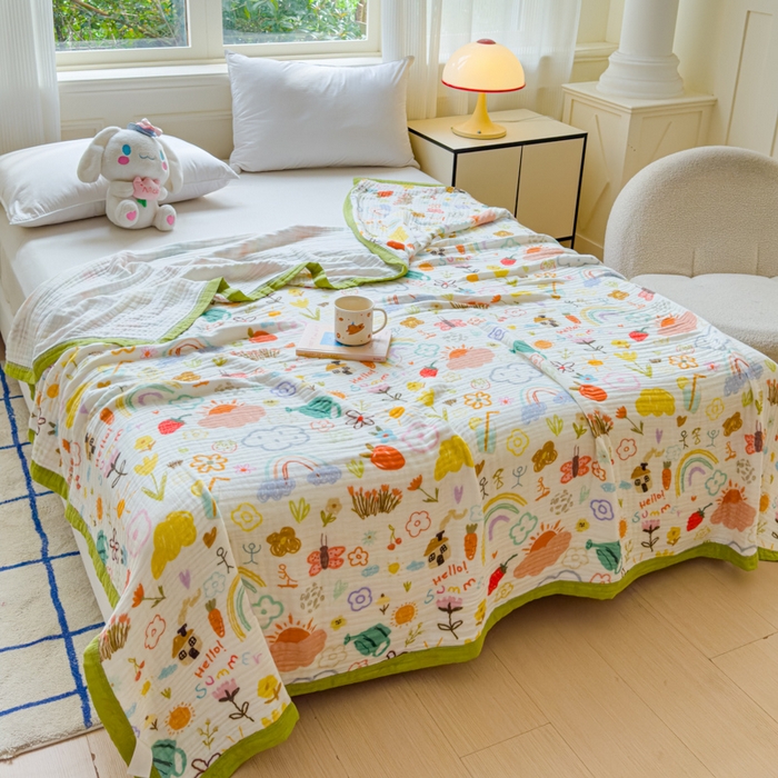 91家纺网 家纺一手货源 找家纺 乐家毛巾被（工厂自产自销） 2026新款全棉纯棉六层一体超柔泡泡纱多功能毯 涂鸦