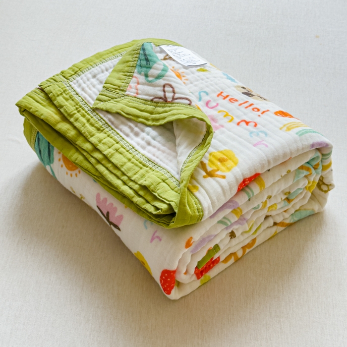 91家纺网 家纺一手货源 找家纺 乐家毛巾被（工厂自产自销） 2026新款全棉纯棉六层一体超柔泡泡纱多功能毯 涂鸦