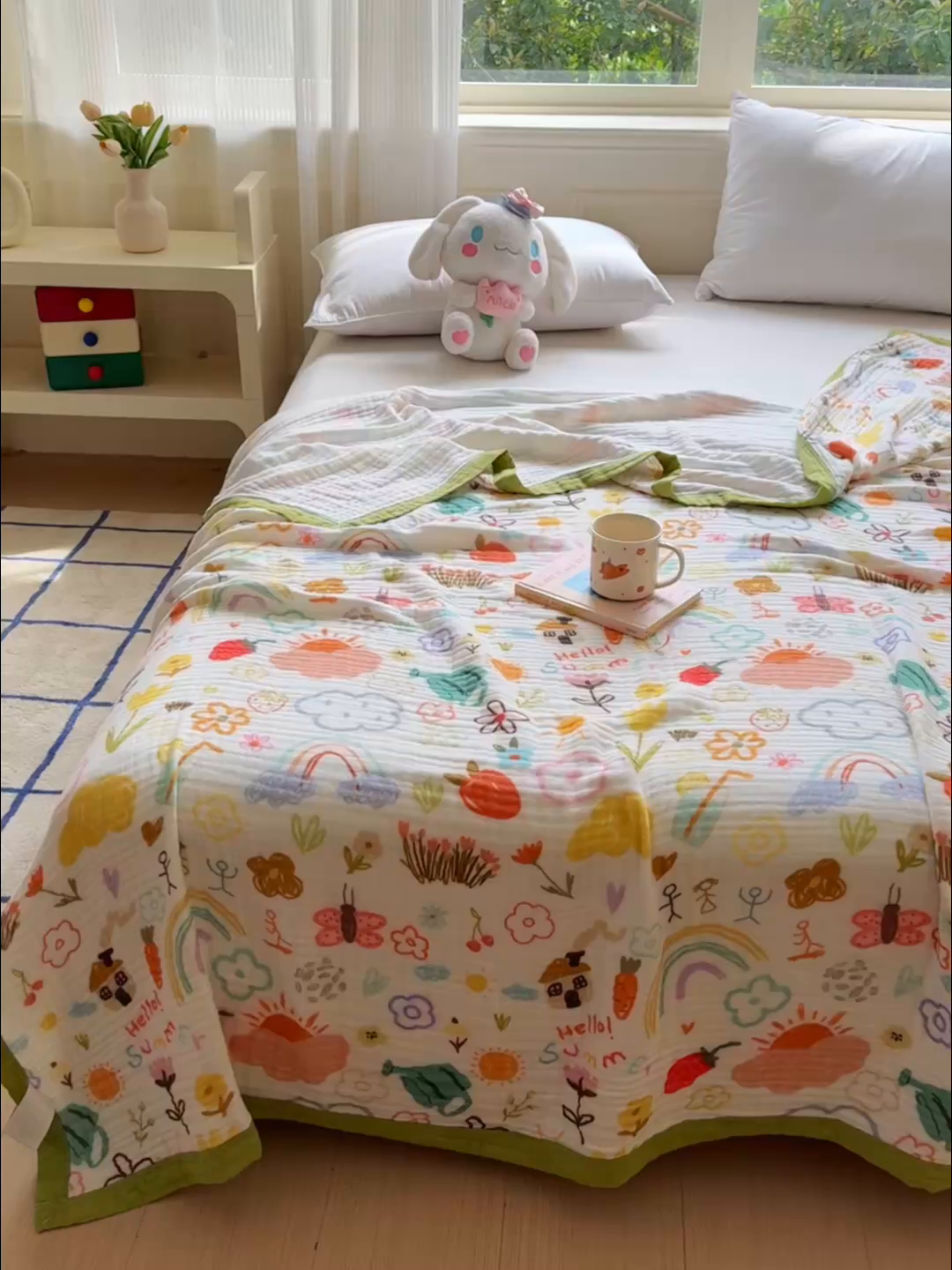 91家纺网 家纺一手货源 找家纺 乐家毛巾被（工厂自产自销） 2026新款全棉纯棉六层一体超柔泡泡纱多功能毯 涂鸦