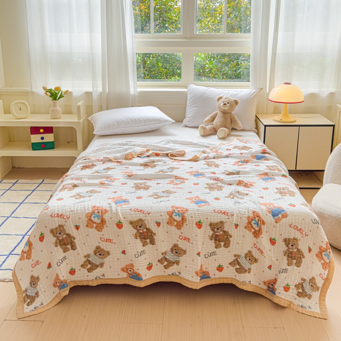 91家纺网 家纺一手货源 找家纺 乐家毛巾被（工厂自产自销） 2026新款全棉纯棉六层一体超柔泡泡纱多功能毯 西瓜泰迪