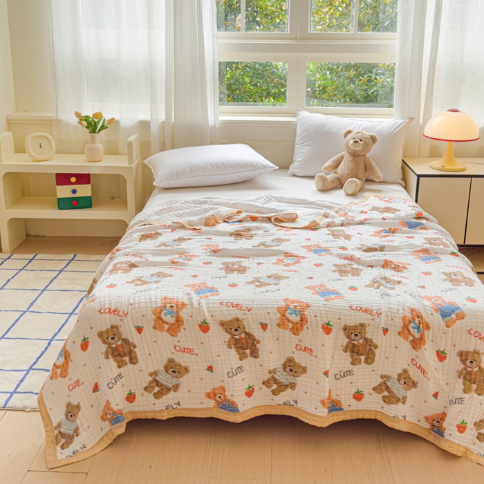 91家纺网 家纺一手货源 找家纺 乐家毛巾被（工厂自产自销） 2026新款全棉纯棉六层一体超柔泡泡纱多功能毯 西瓜泰迪