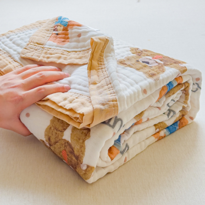 91家纺网 家纺一手货源 找家纺 乐家毛巾被（工厂自产自销） 2026新款全棉纯棉六层一体超柔泡泡纱多功能毯 西瓜泰迪