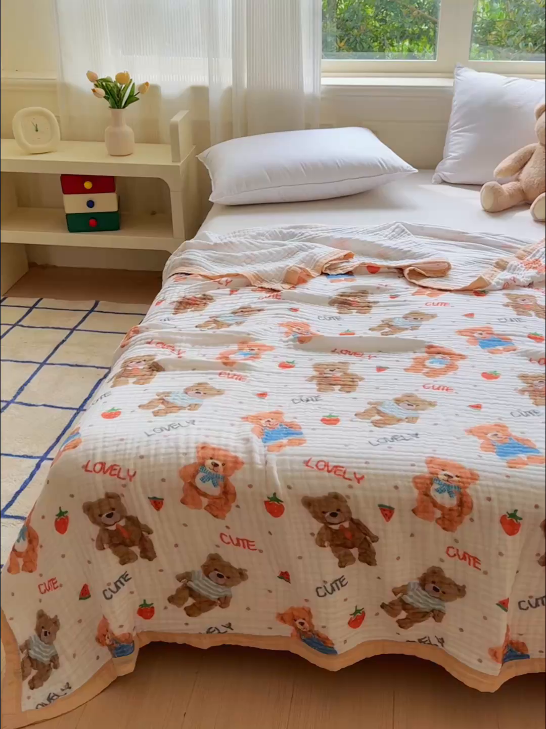 91家纺网 家纺一手货源 找家纺 乐家毛巾被（工厂自产自销） 2026新款全棉纯棉六层一体超柔泡泡纱多功能毯 西瓜泰迪