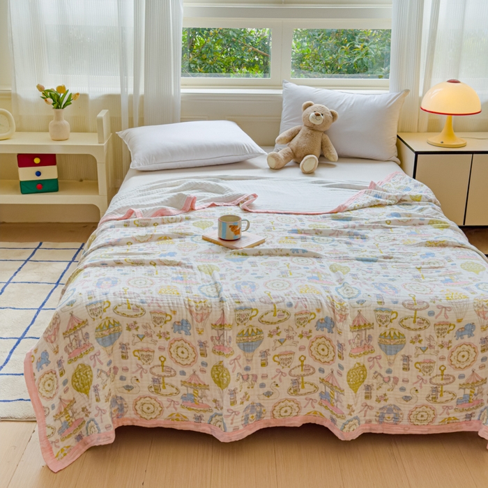 91家纺网 家纺一手货源 找家纺 乐家毛巾被（工厂自产自销） 2026新款全棉纯棉六层一体超柔泡泡纱多功能毯 游乐园