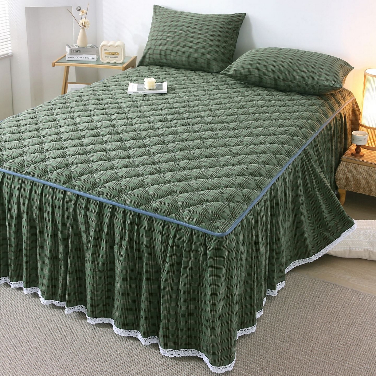 91家纺网 家纺一手货源 找家纺 欧妮家纺 2026新款无印全棉水洗棉夹棉单床裙-三件套 全棉夹棉床裙重楼绿