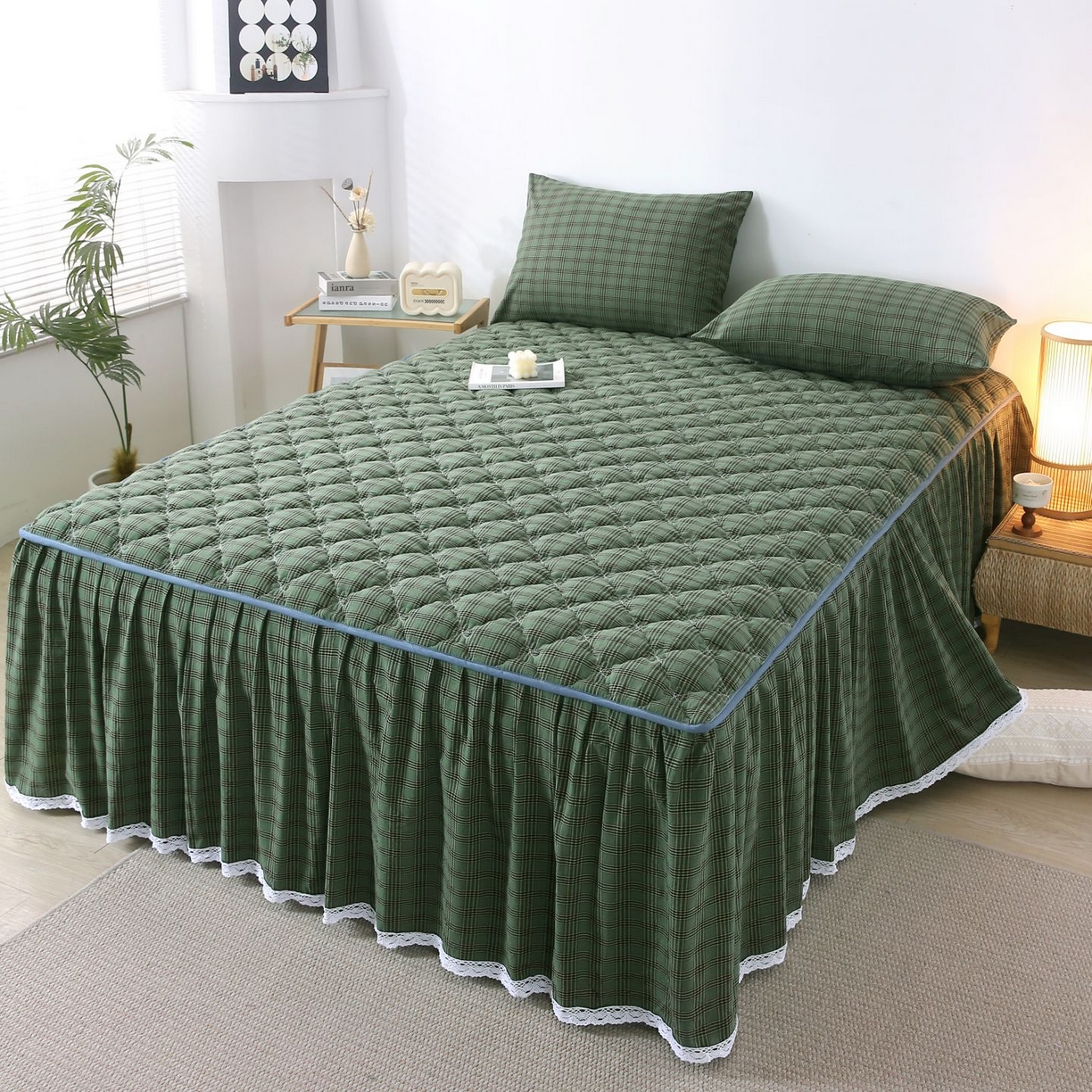 91家纺网 家纺一手货源 找家纺 欧妮家纺 2026新款无印全棉水洗棉夹棉单床裙-三件套 全棉夹棉床裙重楼绿