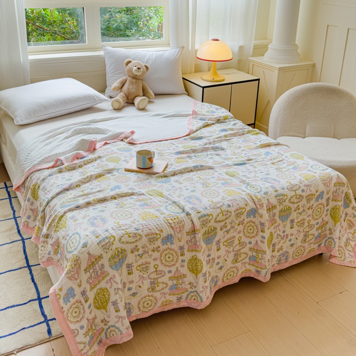 91家纺网 家纺一手货源 找家纺 乐家毛巾被（工厂自产自销） 2026新款全棉纯棉六层一体超柔泡泡纱多功能毯 游乐园