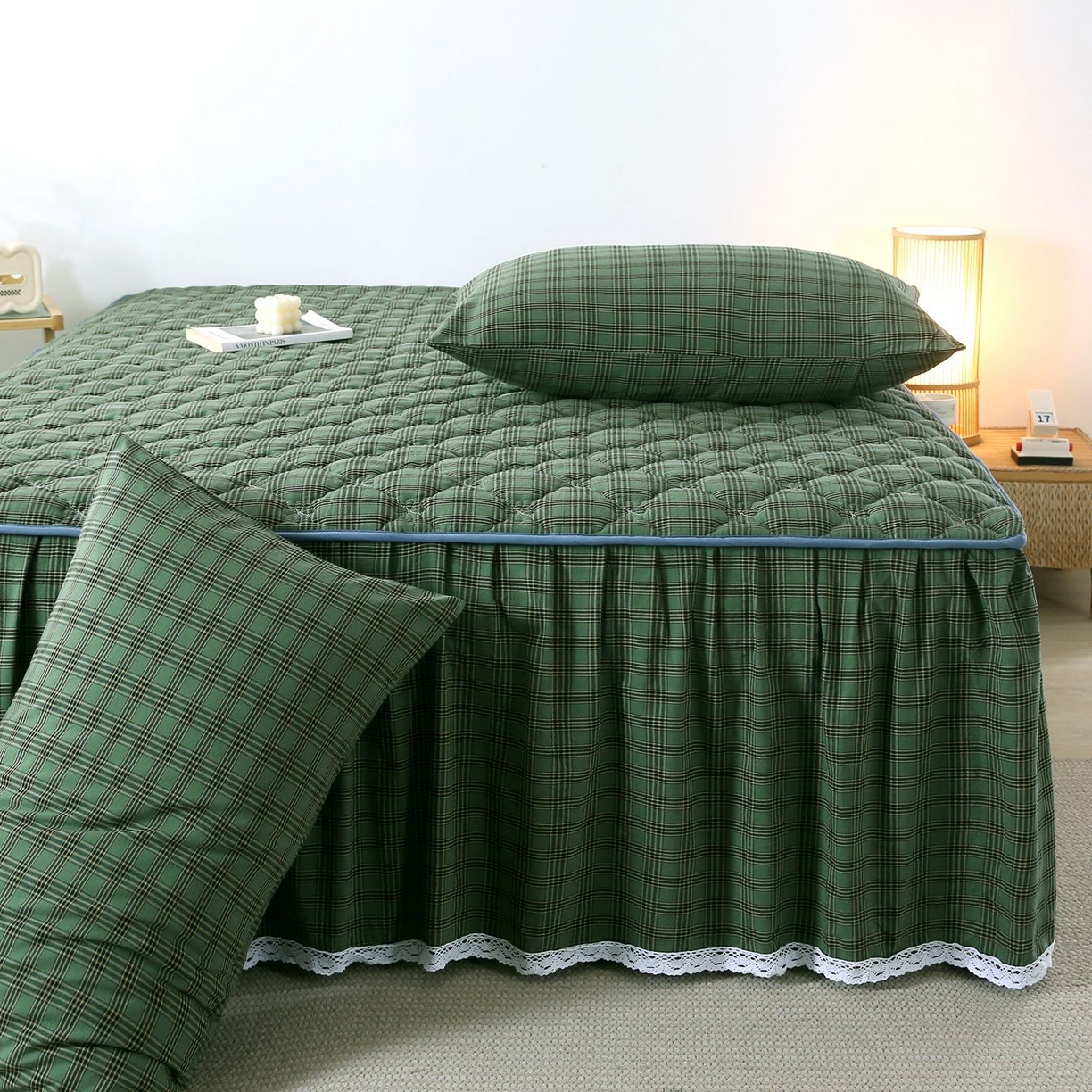 91家纺网 家纺一手货源 找家纺 欧妮家纺 2026新款无印全棉水洗棉夹棉单床裙-三件套 全棉夹棉床裙重楼绿