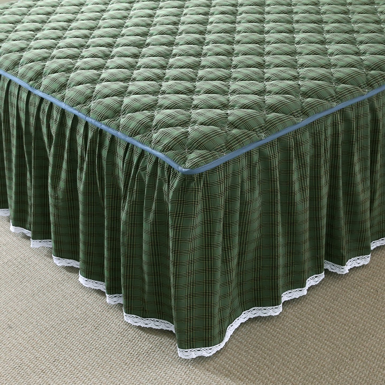 91家纺网 家纺一手货源 找家纺 欧妮家纺 2026新款无印全棉水洗棉夹棉单床裙-三件套 全棉夹棉床裙重楼绿