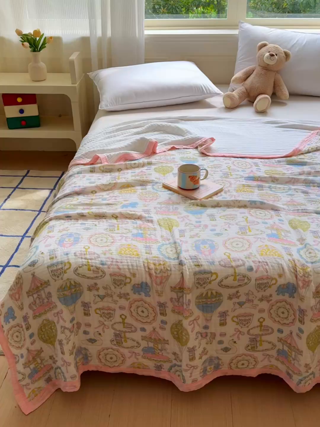 91家纺网 家纺一手货源 找家纺 乐家毛巾被（工厂自产自销） 2026新款全棉纯棉六层一体超柔泡泡纱多功能毯 游乐园