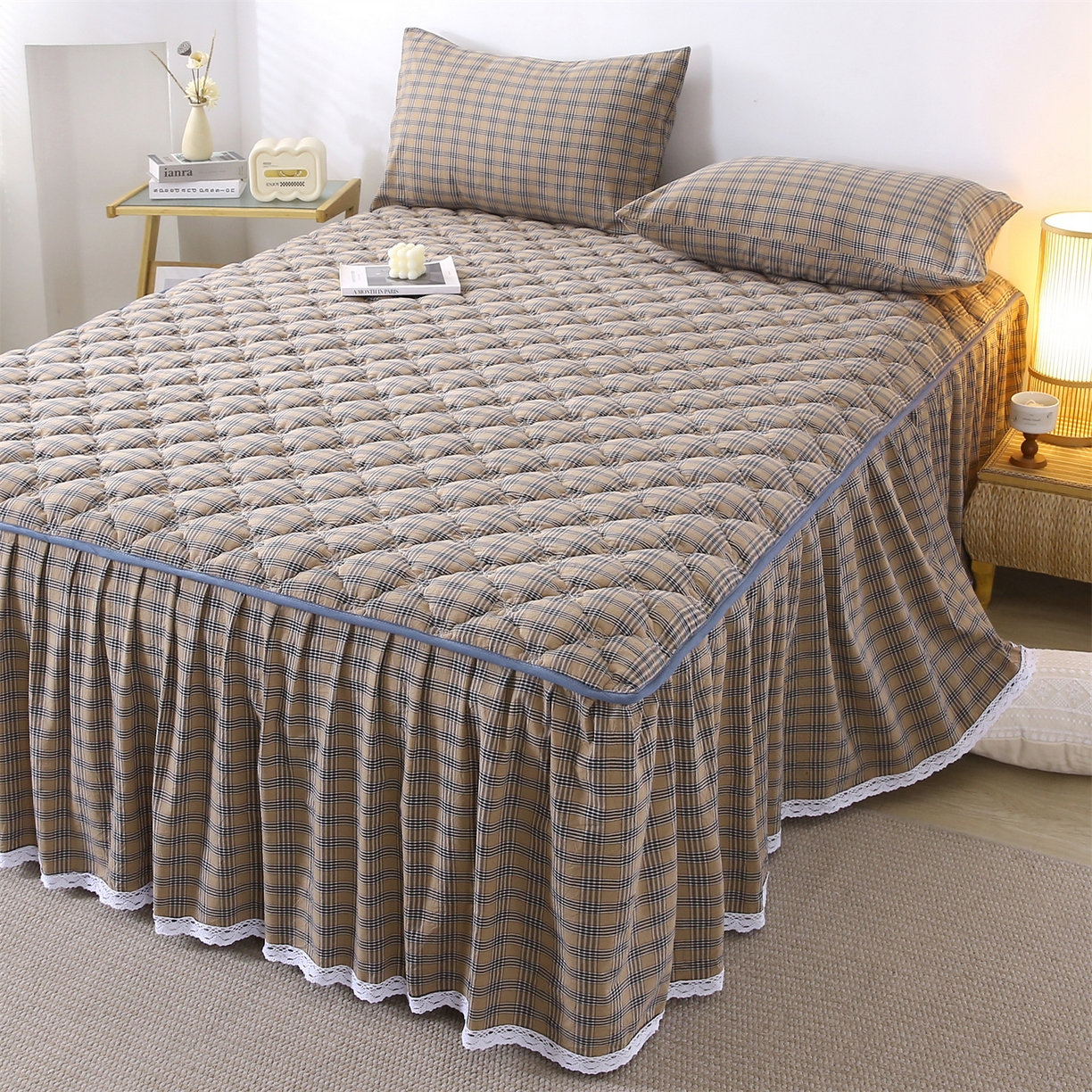 91家纺网 家纺一手货源 找家纺 （总）欧妮家纺 2026新款无印全棉水洗棉夹棉单床裙-三件套