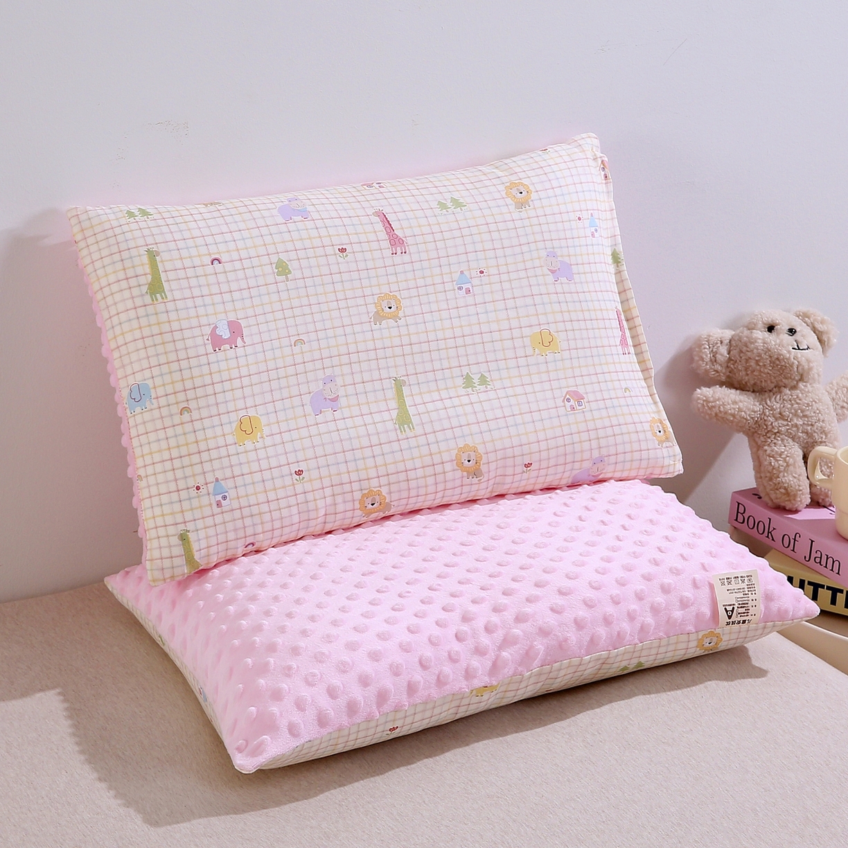 珍贝家纺 2026新款全棉双层纱豆豆连套枕 动物园-小方格