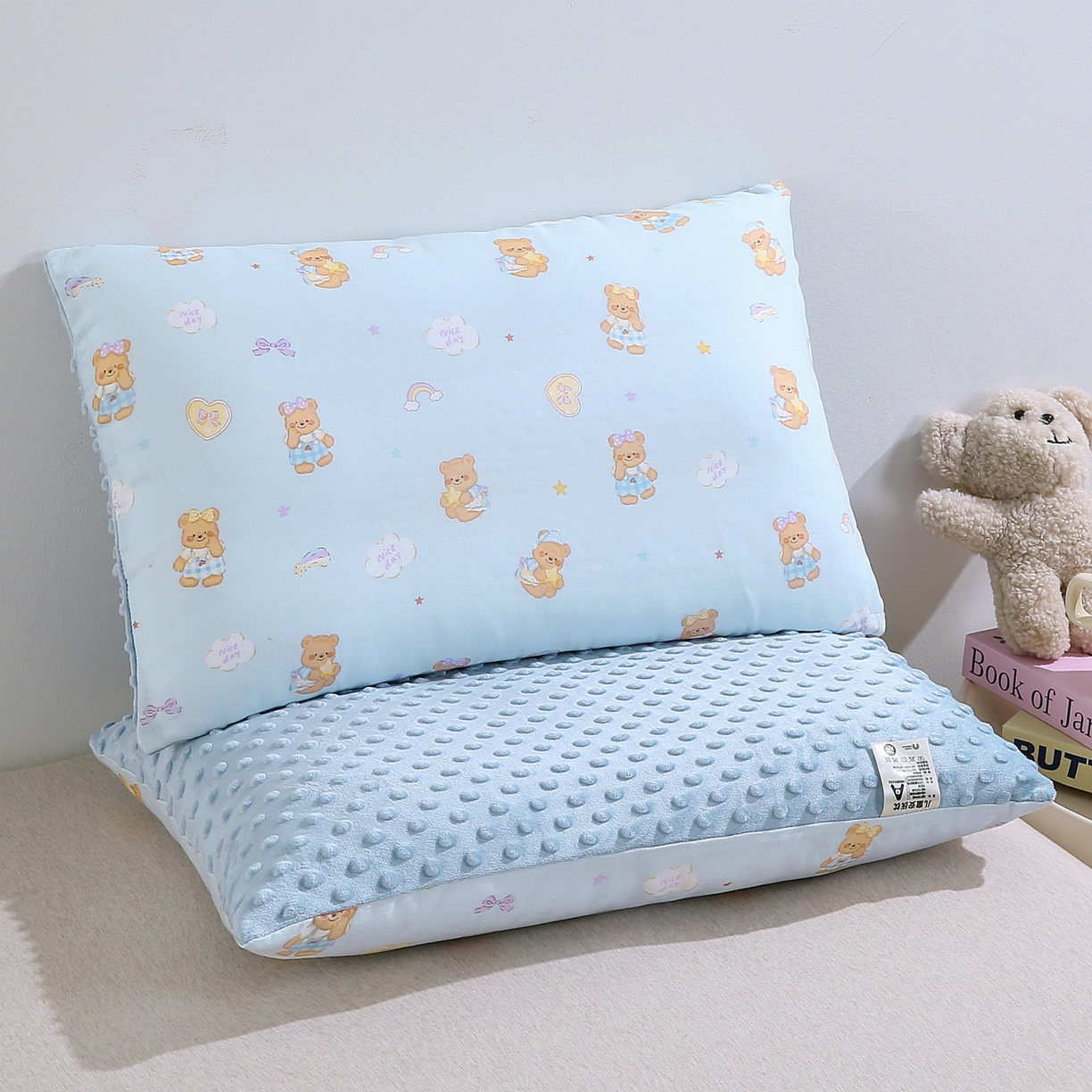 珍贝家纺 2026新款全棉双层纱豆豆连套枕 小熊-蓝