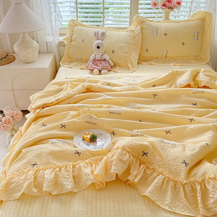 91家纺网 家纺一手货源 找家纺 （总）韩约家纺 2026新款法式大花边床盖款泡芙棉夏凉被空调被四件套