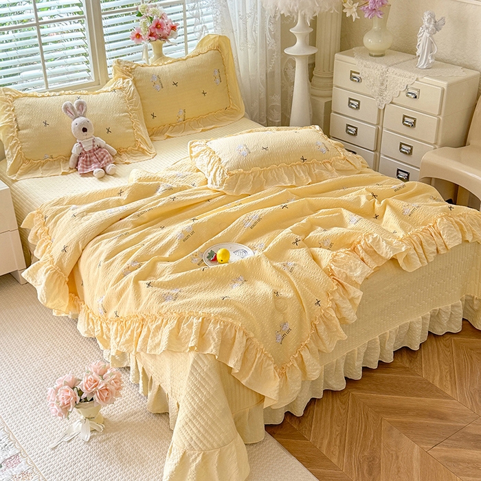 91家纺网 家纺一手货源 找家纺 （总）韩约家纺 2026新款法式大花边床盖款泡芙棉夏凉被空调被四件套