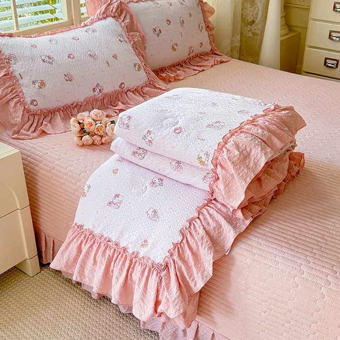 91家纺网 家纺一手货源 找家纺 （总）韩约家纺 2026新款法式大花边床盖款泡芙棉夏凉被空调被四件套