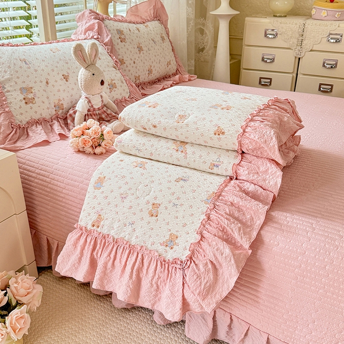 91家纺网 家纺一手货源 找家纺 （总）韩约家纺 2026新款法式大花边床盖款泡芙棉夏凉被空调被四件套