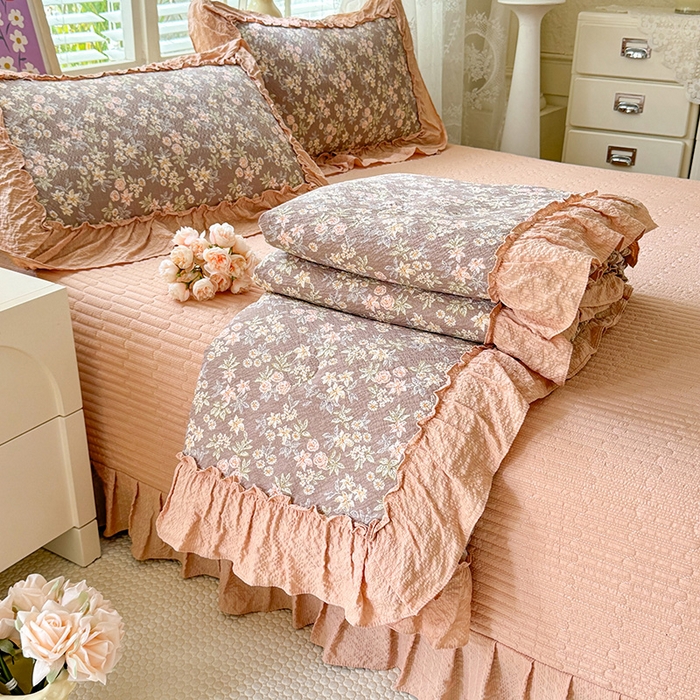 韩约家纺 2026新款法式大花边床盖款泡芙棉夏凉被空调被四件套 繁花