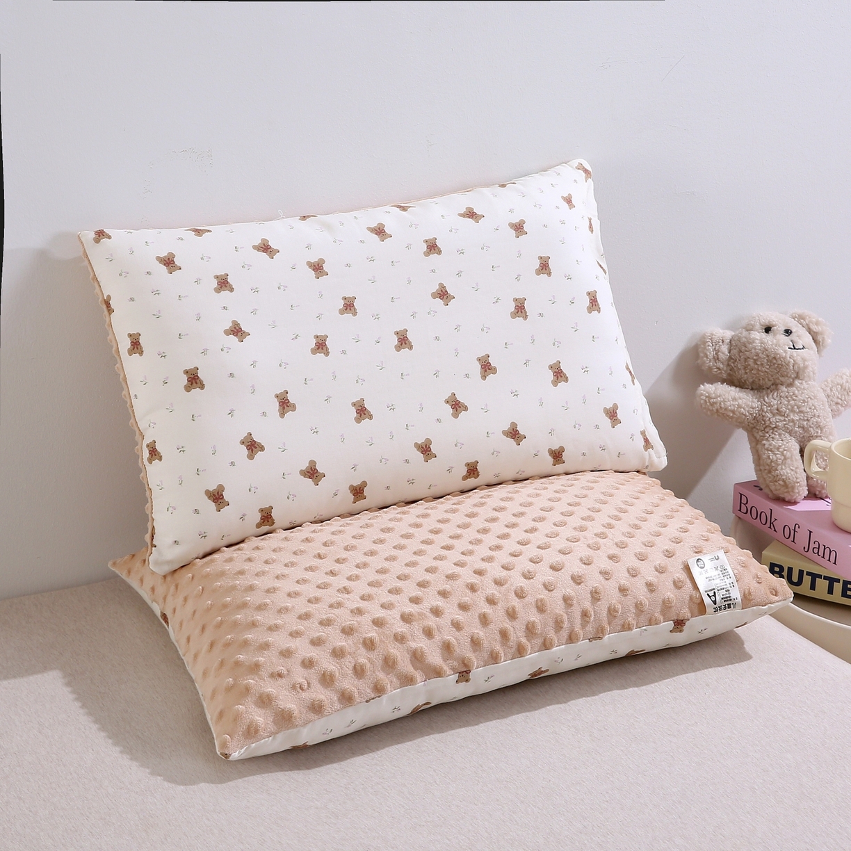 珍贝家纺 2026新款全棉双层纱豆豆连套枕 小熊先生-白