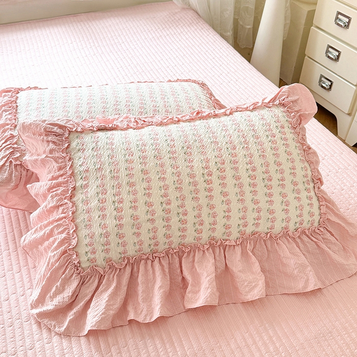 91家纺网 家纺一手货源 找家纺 韩约家纺 2026新款法式大花边床盖款泡芙棉夏凉被空调被四件套 花沐