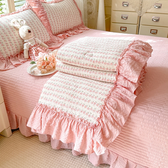 韩约家纺 2026新款法式大花边床盖款泡芙棉夏凉被空调被四件套 花沐