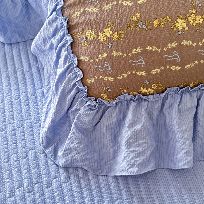 91家纺网 家纺一手货源 找家纺 韩约家纺 2026新款法式大花边床盖款泡芙棉夏凉被空调被四件套 木槿