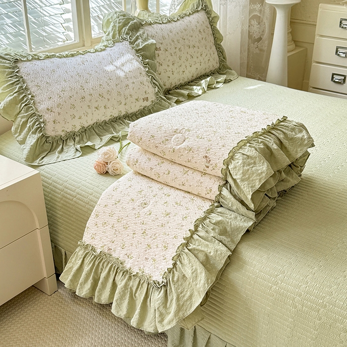 韩约家纺 2026新款法式大花边床盖款泡芙棉夏凉被空调被四件套 绿意