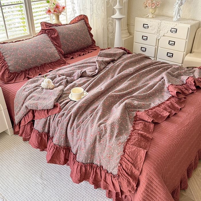 91家纺网 家纺一手货源 找家纺 韩约家纺 2026新款法式大花边床盖款泡芙棉夏凉被空调被四件套 仟香