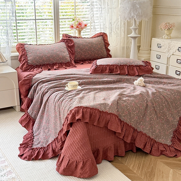 91家纺网 家纺一手货源 找家纺 韩约家纺 2026新款法式大花边床盖款泡芙棉夏凉被空调被四件套 仟香