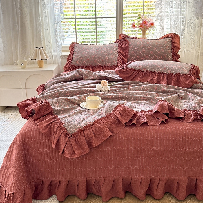 91家纺网 家纺一手货源 找家纺 韩约家纺 2026新款法式大花边床盖款泡芙棉夏凉被空调被四件套 仟香