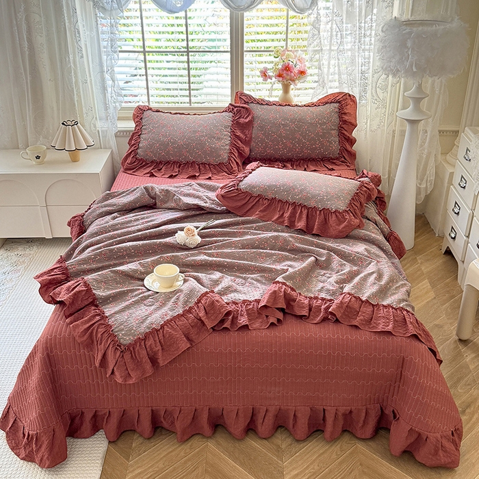 91家纺网 家纺一手货源 找家纺 韩约家纺 2026新款法式大花边床盖款泡芙棉夏凉被空调被四件套 仟香