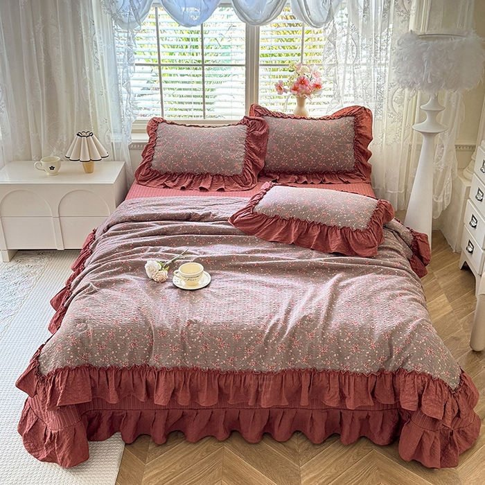 91家纺网 家纺一手货源 找家纺 韩约家纺 2026新款法式大花边床盖款泡芙棉夏凉被空调被四件套 仟香