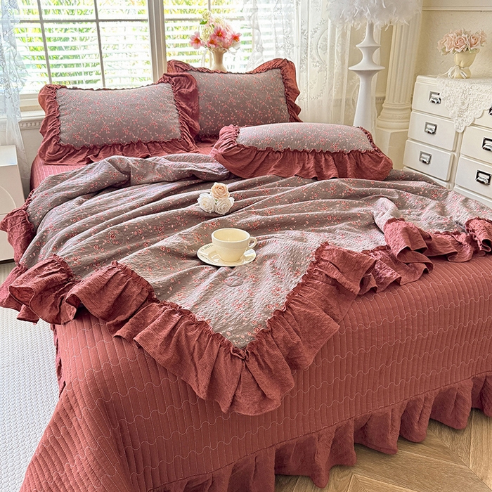 91家纺网 家纺一手货源 找家纺 韩约家纺 2026新款法式大花边床盖款泡芙棉夏凉被空调被四件套 仟香