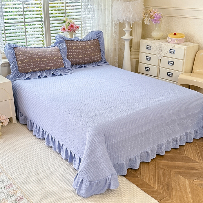 91家纺网 家纺一手货源 找家纺 韩约家纺 2026新款法式大花边床盖款泡芙棉夏凉被空调被四件套 木槿