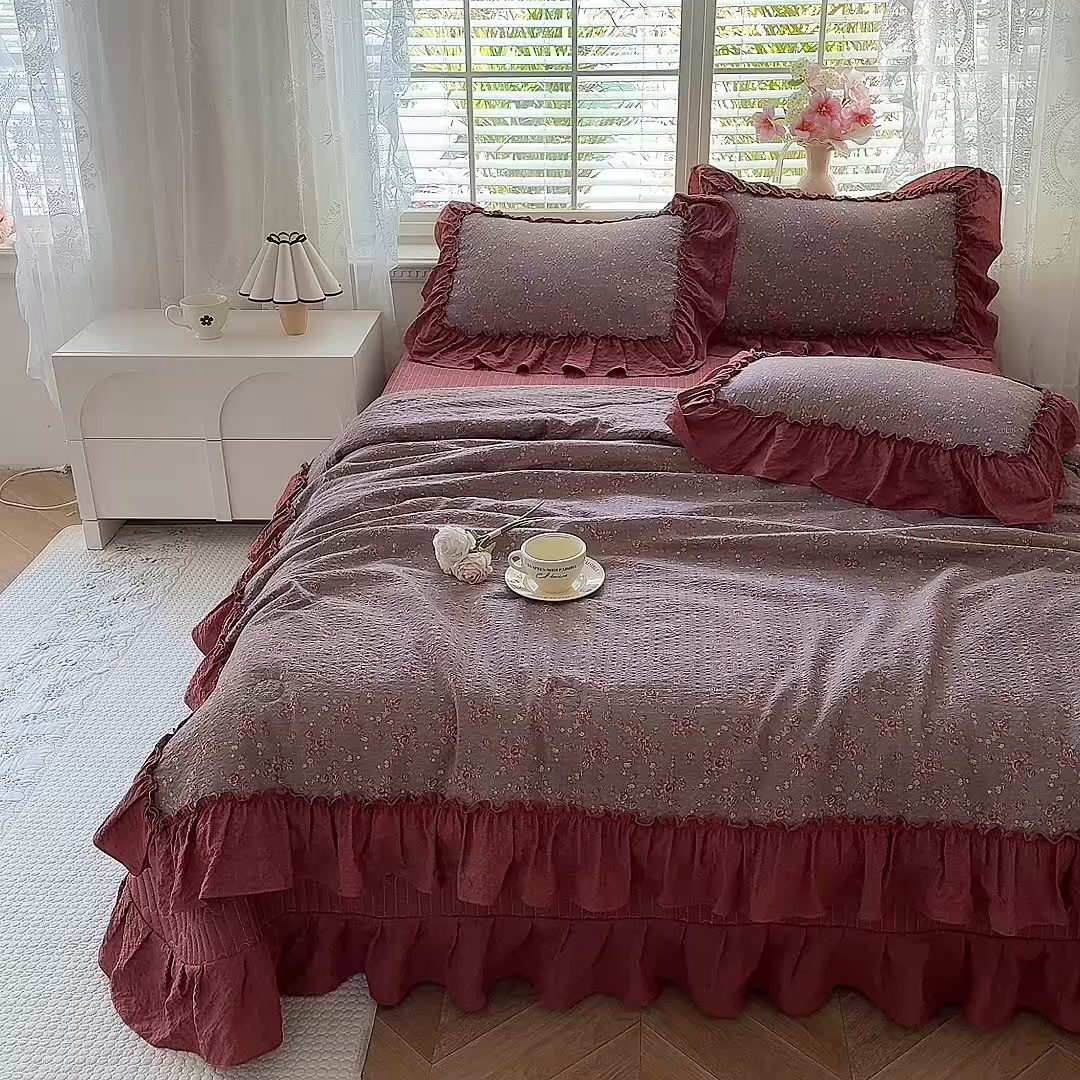 91家纺网 家纺一手货源 找家纺 韩约家纺 2026新款法式大花边床盖款泡芙棉夏凉被空调被四件套 仟香