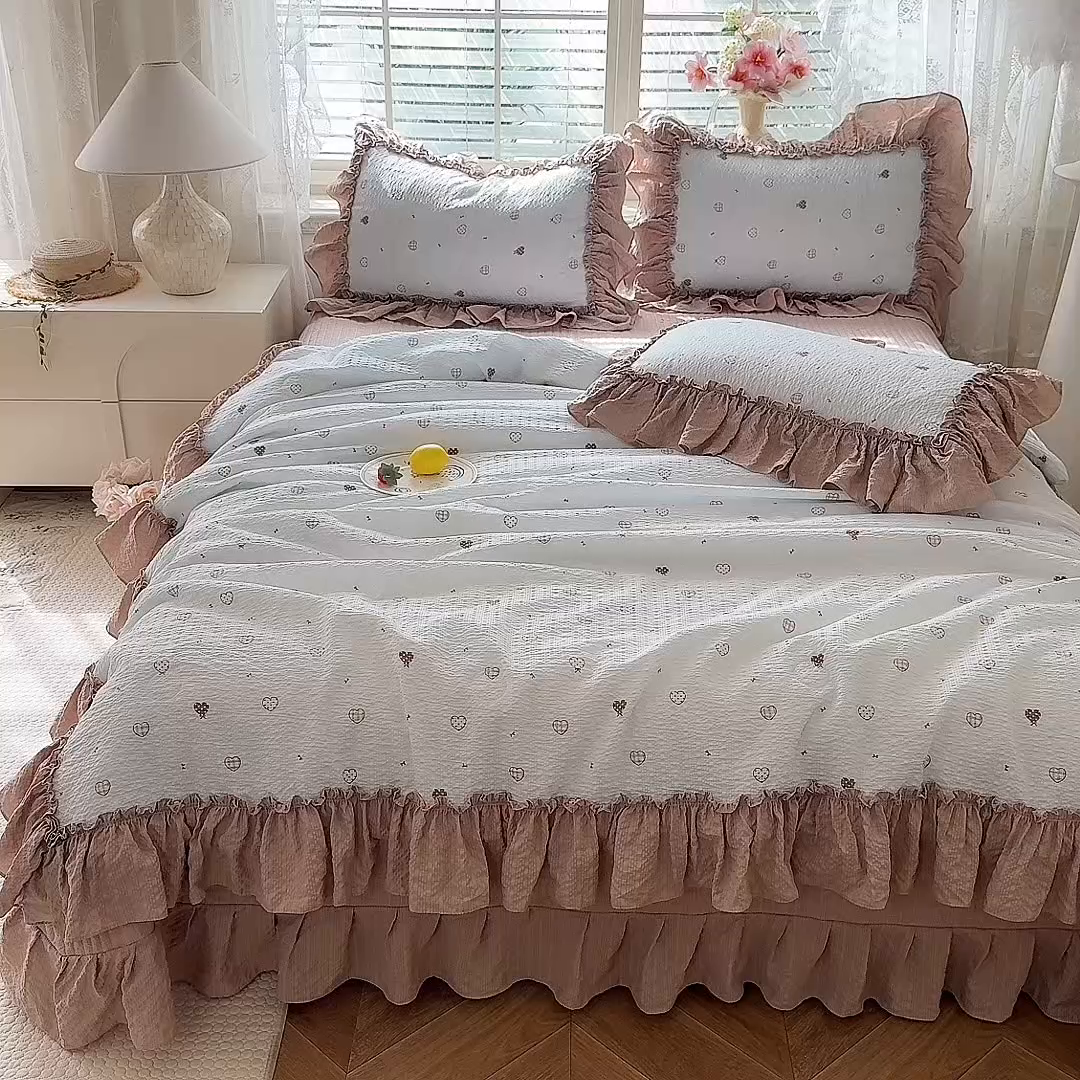 91家纺网 家纺一手货源 找家纺 韩约家纺 2026新款法式大花边床盖款泡芙棉夏凉被空调被四件套 星语