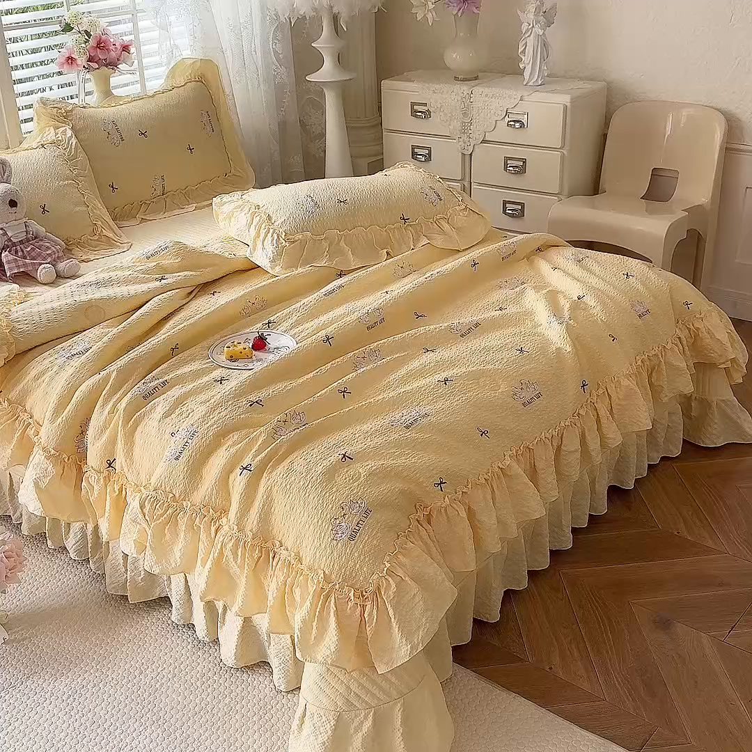 91家纺网 家纺一手货源 找家纺 （总）韩约家纺 2026新款法式大花边床盖款泡芙棉夏凉被空调被四件套