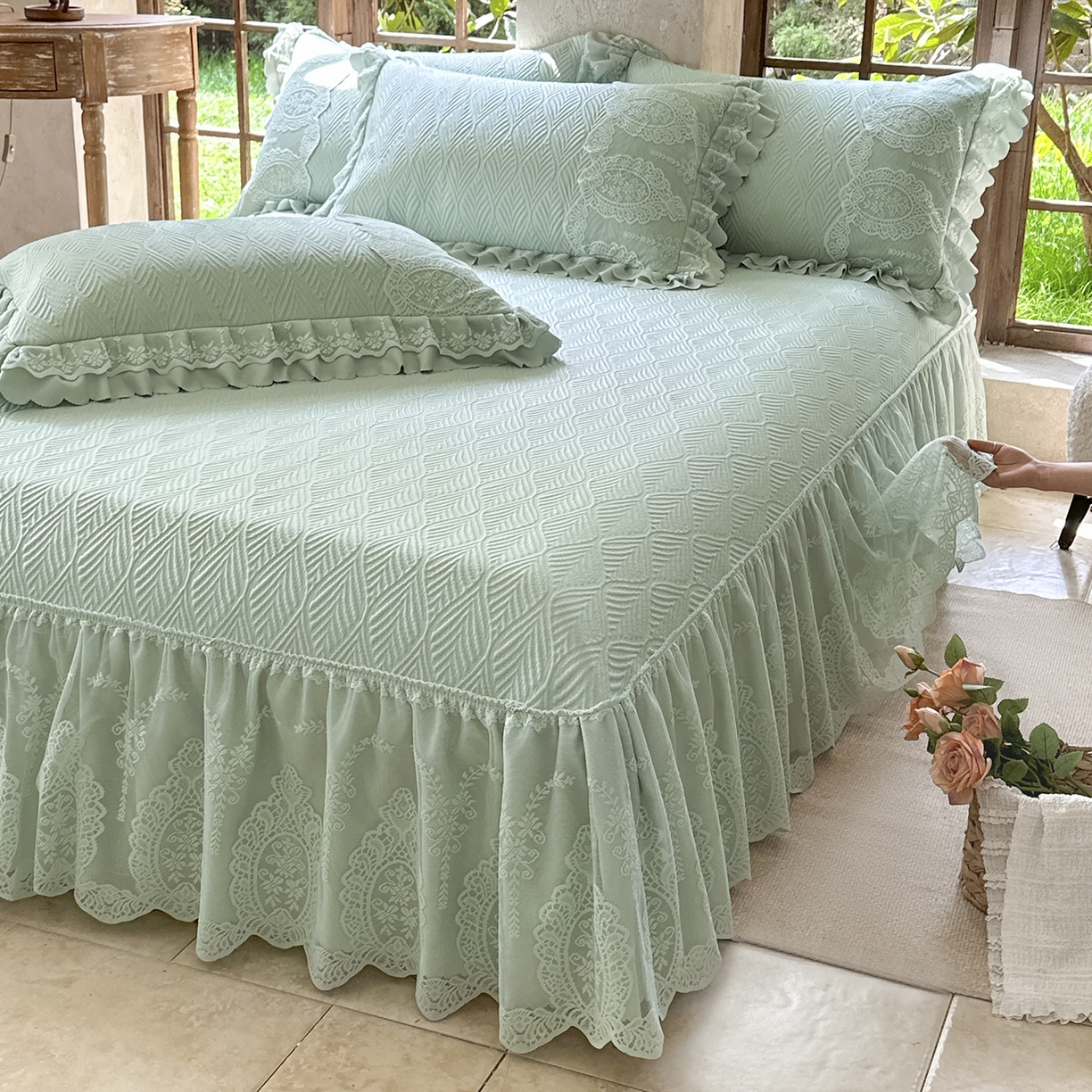 91家纺网 家纺一手货源 找家纺 乐朵家居 2026新款 梵希（复合）  凉席三件套+可配同色系空调被 抹茶绿