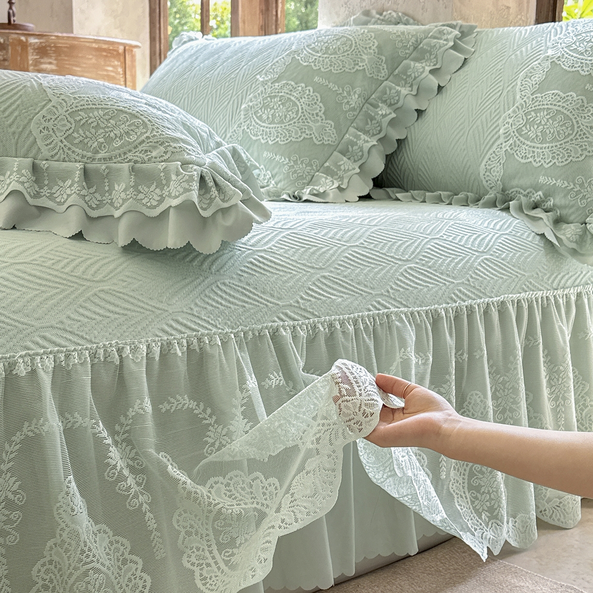 91家纺网 家纺一手货源 找家纺 乐朵家居 2026新款 梵希（复合）  凉席三件套+可配同色系空调被 抹茶绿