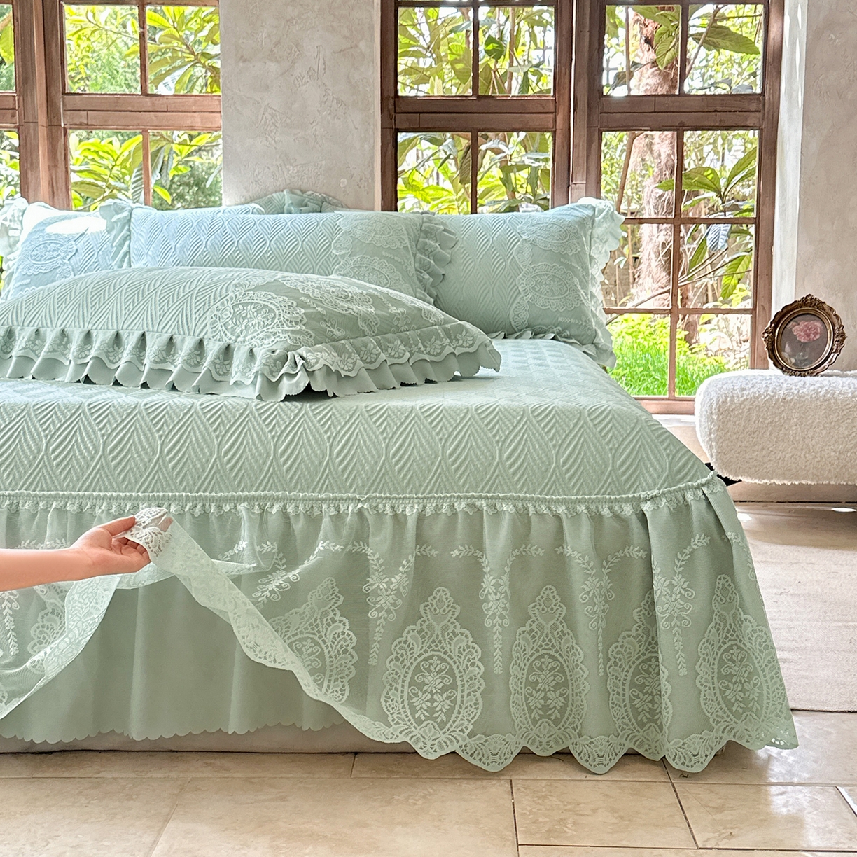 91家纺网 家纺一手货源 找家纺 乐朵家居 2026新款 梵希（复合）  凉席三件套+可配同色系空调被 抹茶绿