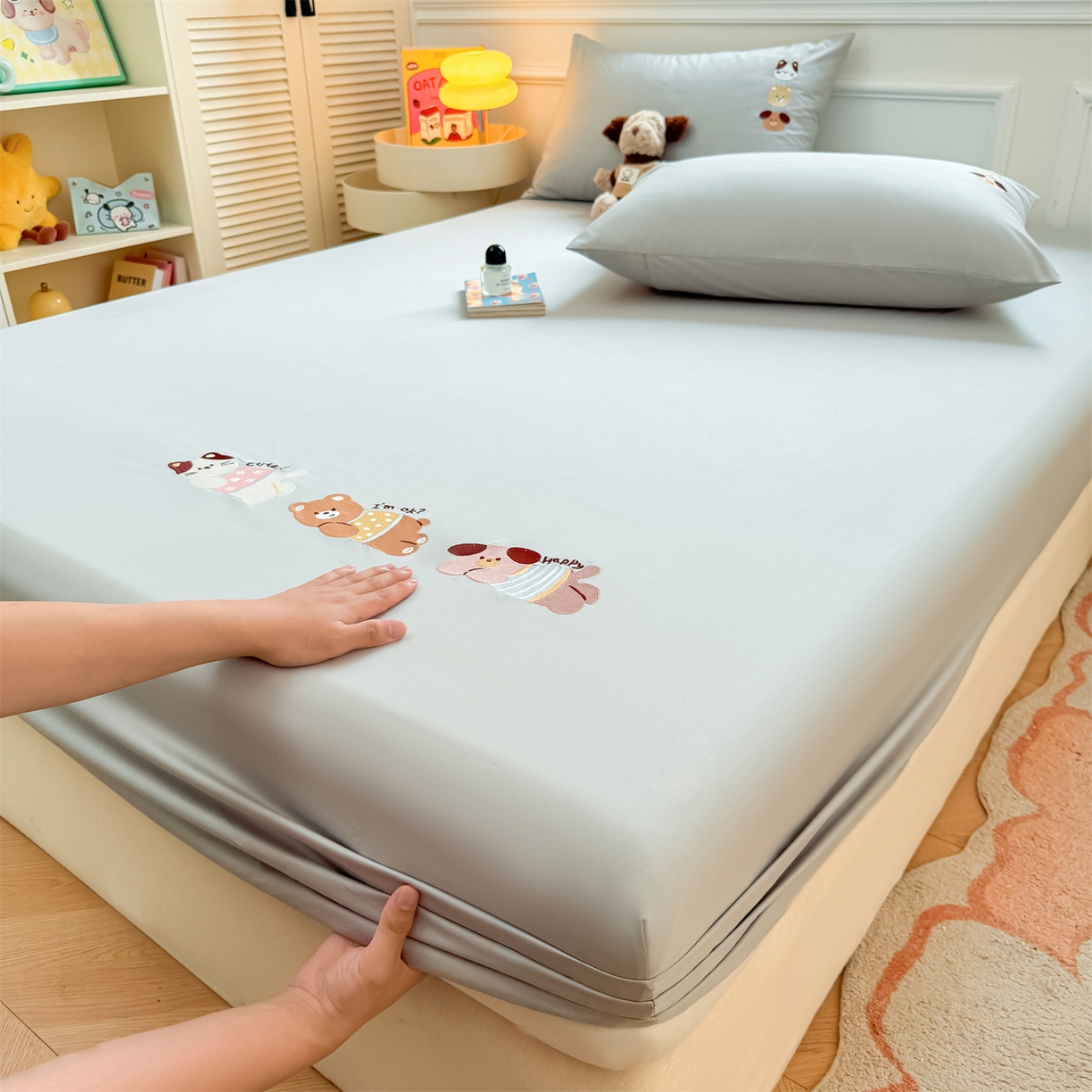 91家纺网 家纺一手货源 找家纺 居眠 2026新款A类全棉卡通刺绣单层童话乐园床笠 童话乐园-灰