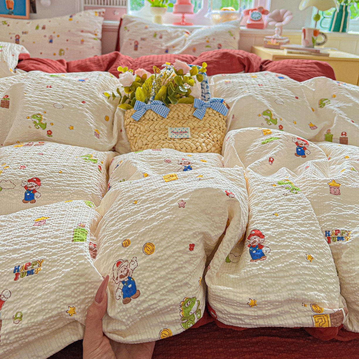 91家纺网 家纺一手货源 找家纺 欧妮家纺 2026新款泡芙棉印花四件套-跑量款 泡芙-超级玛丽