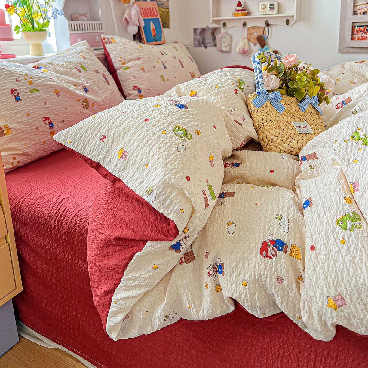 91家纺网 家纺一手货源 找家纺 欧妮家纺 2026新款泡芙棉印花四件套-跑量款 泡芙-超级玛丽