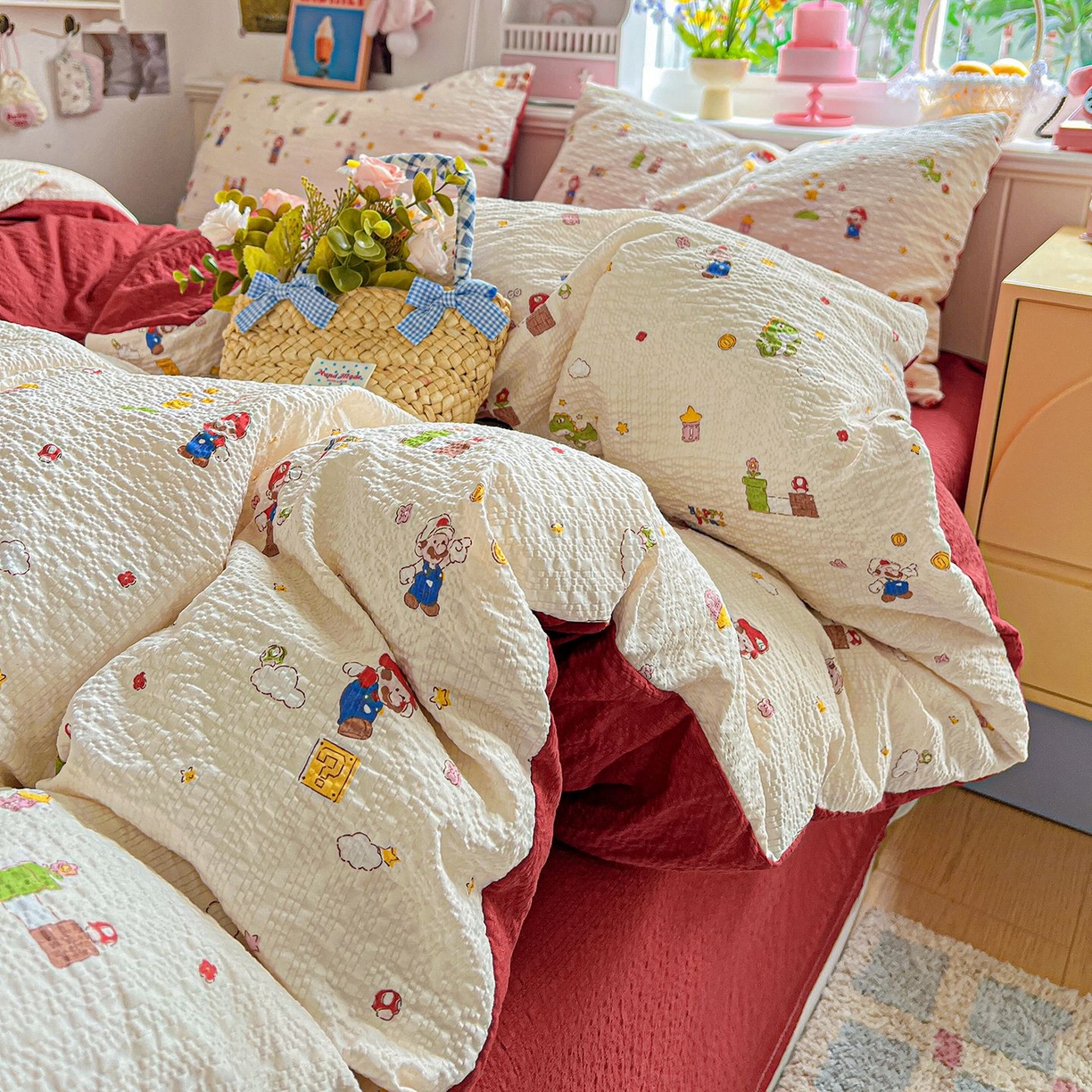 91家纺网 家纺一手货源 找家纺 欧妮家纺 2026新款泡芙棉印花四件套-跑量款 泡芙-超级玛丽